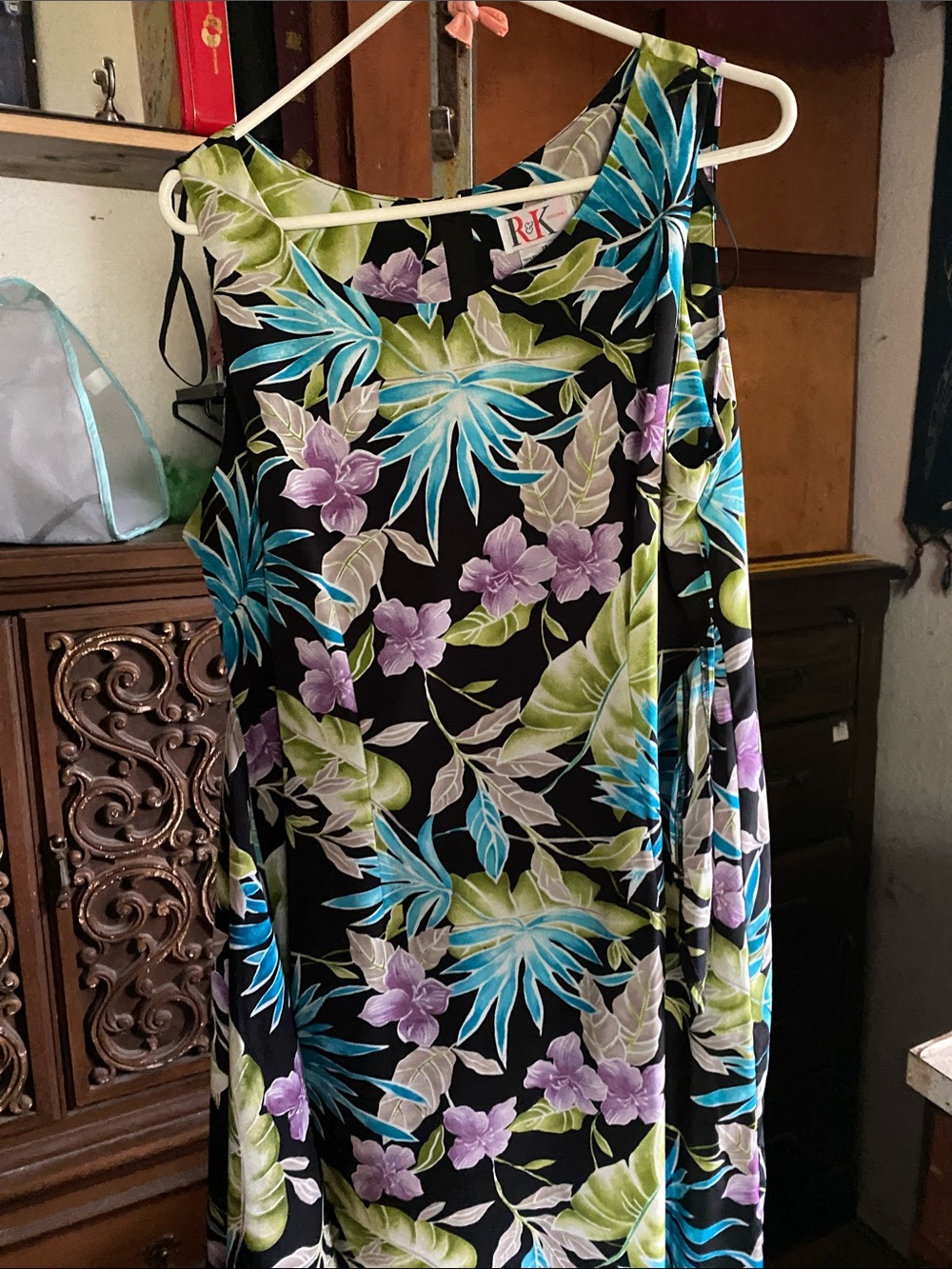 R&K Black Maxi Dress with Teal, Lime & Lavender Floral Print
